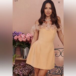 Hello Molly TWILIGHT TIARAS OFF SHOULDER MINI DRESS PEACH
